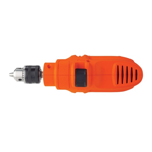 BLACKDECKER KR5010 orange electric drill, side view on white background, visible black vent and chuck.