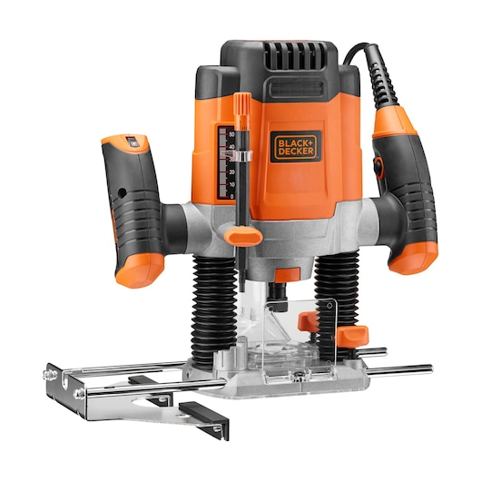 A BLACK+DECKER plunge router with orange and black design, featuring ergonomic handles, a depth adjustment gauge, and metal base for woodworking.