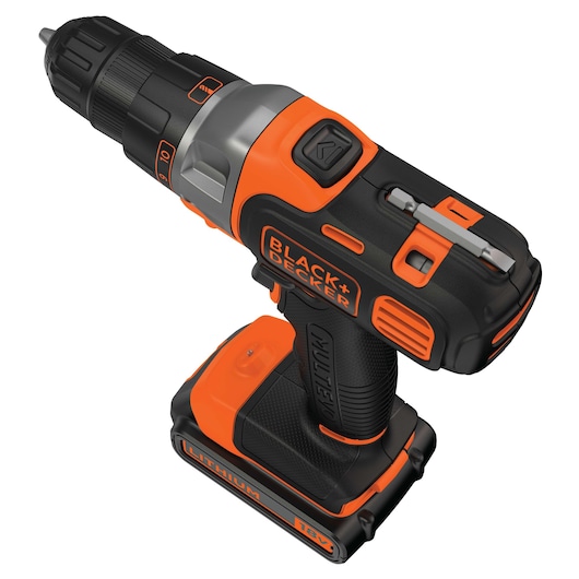 A BLACK+DECKER cordless power drill, shown from a high angle. The tool features an orange and black design, with a lithium battery attached to the base.