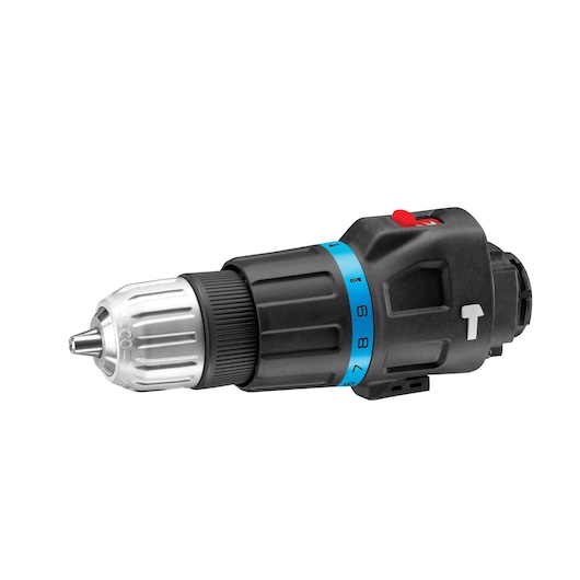 BLACKDECKER drill attachment MTHD5, black and silver, side angle, blue numbered ring.